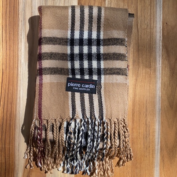 Pierre Cardin Accessories - PIERRE CARDIN Plaid Tan Cardin Fringe Scarf